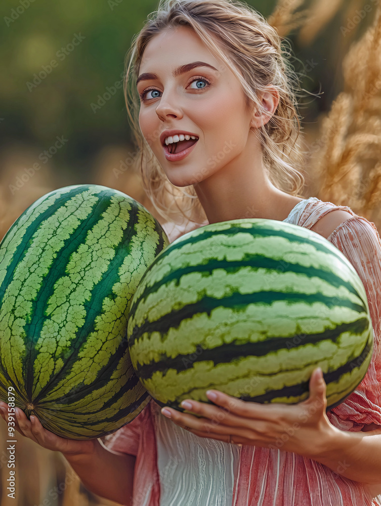 Wall mural portrait of a woman holding two large watermelons