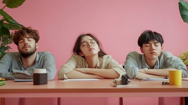 Portrait tired crew of office workers sit at table fall asleep after working long hours on preparing startup project feel tiredness isolated over pink background People and overworking : Generative AI