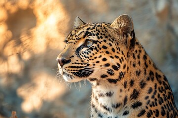 Obraz premium Arabian leopard is a beautiful but critically endangered cat. It's the smallest leopard subspecies, with stunning spotted fur ranging from pale yellow to tawny. Generative ai