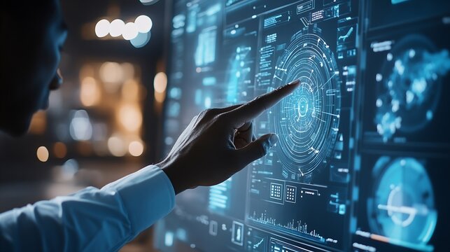 Visual effects Future technology touch screen interface Handsome African American businessman in shirt touching screen interface drawing a chart in futuristic office Selective focus on : Generative AI
