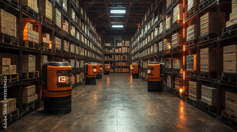 Poster automated warehouse with robots managing inventory, sorting packages, and optimizing logistics