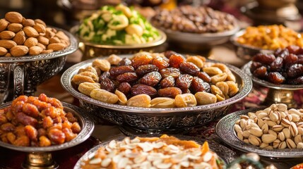 Lavish display of traditional Arabic food for Ramadan, with dates and almonds as highlights in a sumptuous spread.