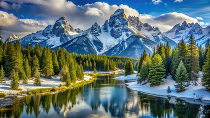 Majestic snow-capped peaks soar above a serene mountain valley at a premier Wyoming ski destination, surrounded by lush evergreen forests and frozen lakes.