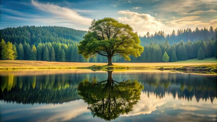Obraz premium Majestic solitary tree stands tall at the edge of a serene forest, its subtle branch line mirrored by the gentle curve of the tree line in the background.