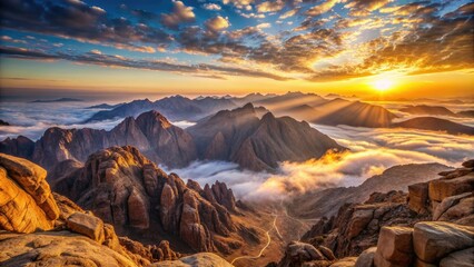 Majestic sunrise over Mount Sinai's rugged peaks, with barren desert landscape and misty valley below, in Egypt's Saint Catherine Protectorate.