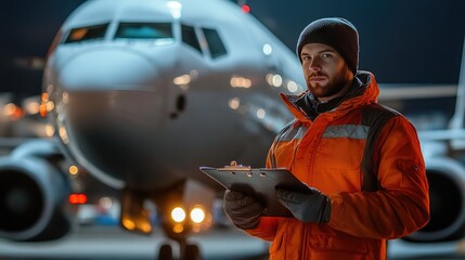 Ground Crew Member Inspecting Aircraft With Clipboard