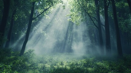 Obraz premium Sunbeams Through Foggy Forest