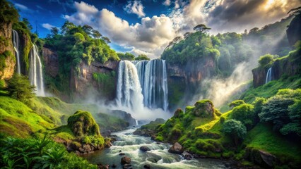 Fototapeta premium Majestic waterfall cascades down a rugged cliffside, surrounded by lush greenery and mist, embodying the awe-inspiring force and serenity of the natural world.