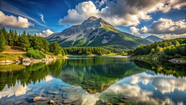 Majestic Vihren mountain peak rises above a serene lake, surrounded by lush green forests and rolling hills, in Pirin National Park, Bulgaria.