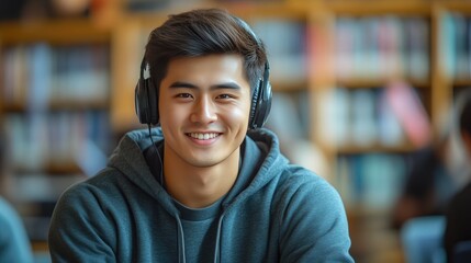 Cheerful Asian Male College Student Wearing Headphones in Class