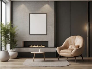 Modern Living Room with Fireplace, Chair, and Empty Frame