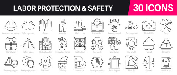 Labor protection and safety Outline Vector Icon Collection. A set of outline icons related to Insurance, Fire exit, Notification, Safety signs, Overalls and more. Editable stroke. Vector illustration