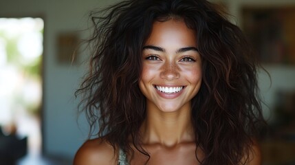 Obraz premium Indoor portrait of beautiful brunette young darkskinned woman with shaggy hairstyle smiling cheerfully showing her white teeth to camera while feeling happy and carefree on her first d : Generative AI