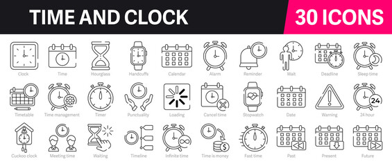 WebTime and Clock Outline Vector Icon Collection. A set of outline icons related to timer, alarm, schedule, hourglass, date, calendar, time management and more. Editable stroke. Vector illustration