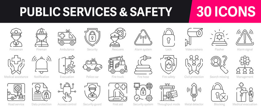 Public services and safety Outline Vector Icon Collection. A set of outline icons related to Policeman, Fireman, Security, First aid, Security system and more. Editable stroke. Vector illustration