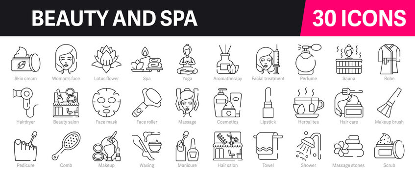 Beauty and Spa Outline Vector Icon Collection. A set of outline icons related to cosmetics, cosmetology, skin care, spa treatments, massage, skin care and more. Editable stroke. Vector illustration