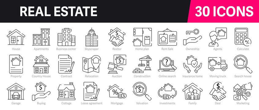 Real Estate Outline Vector Icon Collection. A set of outline icons related to property, buying, renting, house, mortgage, housing, rental of premise and more. Editable stroke. Vector illustration