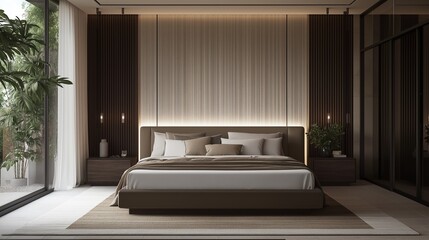A stylish bedroom interior with a minimalist design. 