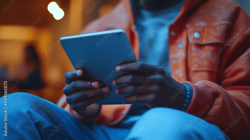 Poster Selective focus Close up of black mans hands holding digital tablet with reflective touchscreen surface using highspeed Internet connection while relaxing at the students cafe after cl : Generative AI