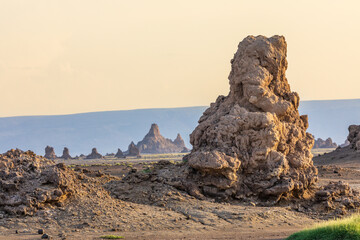 Ancient chimneys mineral rock formations on the dried bottom of the salt lake Abbe, Dikhil region,...