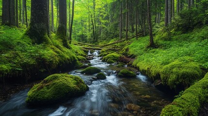 Obraz premium A clear waterfall flows through a lush green forest.