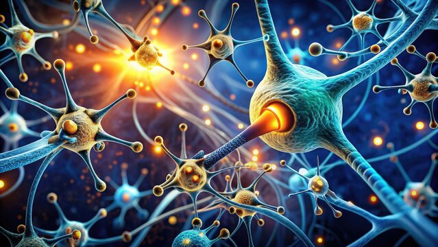 Microscopic illustration of opioid receptors on a neuron's surface, with tiny keys representing pain-relieving molecules binding to unlock relief from chronic pain and addiction.