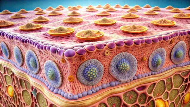 Microscopic illustration of human skin's stratified squamous epithelium, showcasing multiple layers of flat, polygonal cells with distinct nuclei and cell membranes.