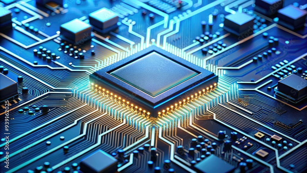 Poster microscopic view of a computer processor chip with intricate circuits and wiring on a blue backgroun