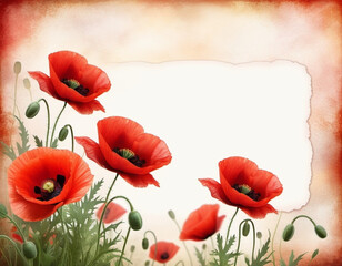 Red poppies, green leaves, stems. Poppies are depicted in various stages of bloom, with some fully open and others in bud. Soft back, creating delicate romantic feel. Copy space. Postcard or layout.