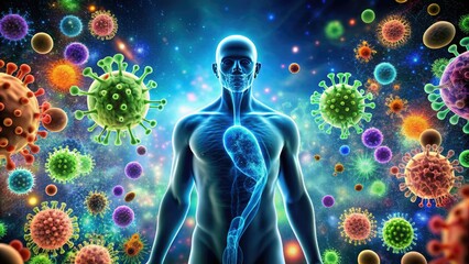 Naklejka premium Microscopic view of various colorful germs and bacteria surrounding a human silhouette, highlighting the invisible threats to our health and wellness in daily life.