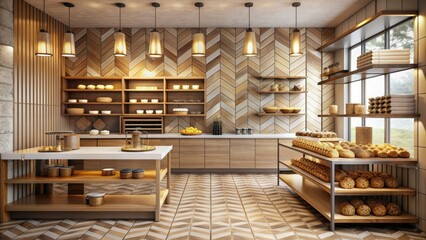 Minimalist bakery interior featuring trendy geometric patterns on walls and floors, showcasing sleek wooden shelves and stainless steel equipment amidst warm golden lighting.