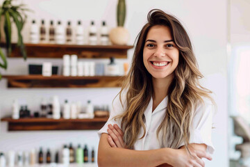 A woman with long brown hair stands in front of a shelf of hair products