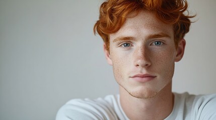 Headshot of red haired serious young male blogger looks confidently at camera thinks about new content of his web page dressed casually earns money distantly isolated over white backgr : Generative AI