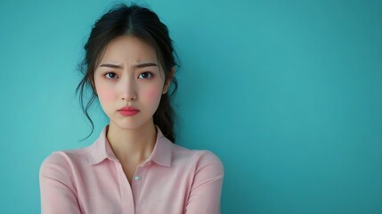 Fototapeta premium Portrait of displeased offended young Asian woman with dark hair keeps arms folded looks angrily aside doesnt agree with somebodys opinion wears neat clothes isolated over blue studio : Generative AI