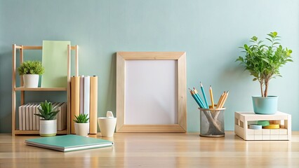 Minimalist modern desk with wooden picture frame and matching dividers, surrounded by pastel-colored stationery and a few well-organized office supplies.