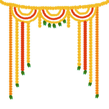 indian hindu wedding elements vector marigold floral garland vector, wedding and festival decoration, border flower decoration with transparent background