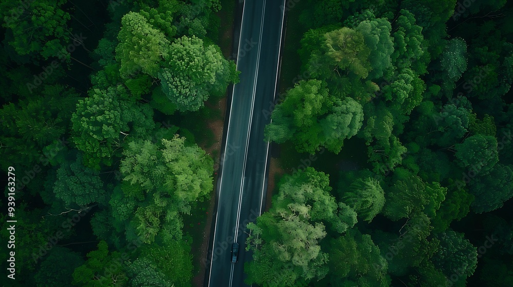 Poster Aerial view road going through forest Road through the green forest Aerial top view car in forest Texture of forest view from above Ecosystem and healthy environment concepts and backg : Generative AI
