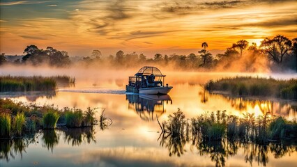 Misty dawn breaks over the Florida Everglades, as a lone airboat glides effortlessly across the calm, mirrored waters of the vast, cypress-dotted wetland landscape.