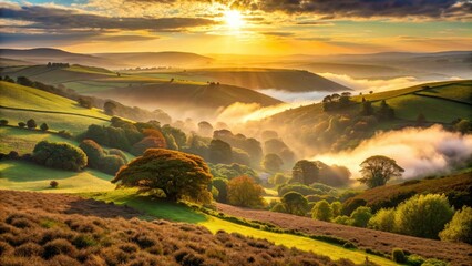 Misty dawn breaks over the rolling hills and wooded valleys of Exmoor National Park, with the sun casting a warm golden light on the rugged landscape.