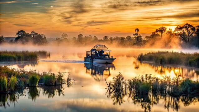 Misty dawn breaks over the Florida Everglades, as a lone airboat glides effortlessly across the calm, mirrored waters of the vast, cypress-dotted wetland landscape.