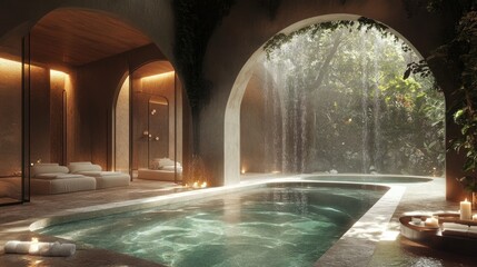 Indoor Pool and Spa Area with Archways and a View of a Lush Garden