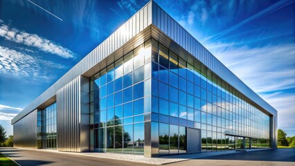 Modern, sleek, and industrial, a silver metal building with angular lines and reflective glass fa&ccedil;ade stands tall against a clear blue sky backdrop.
