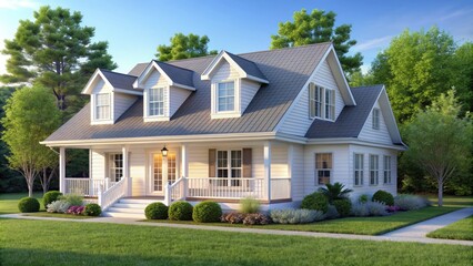Modern 3D rendered image of a cozy white house with a sloping roof, large windows, and a welcoming front porch, isolated on a white background.