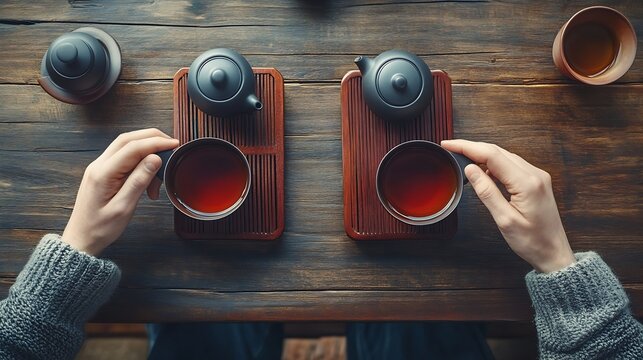 Top view tea set a wooden table for tea ceremony background Woman and man holding a cup of tea : Generative AI - Powered by Adobe