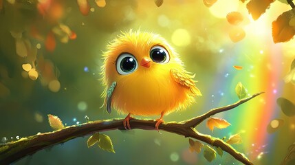 Fototapeta premium A cheerful cartoon bird with big eyes and fluffy feathers, perched on a branch with a bright rainbow in the background