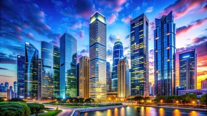 Modern cityscape featuring sleek, glass-fronted skyscrapers with neon lights, set against a vibrant blue sky, showcasing urban architecture and corporate grandeur.