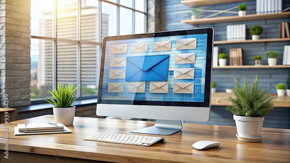 Poster modern computer screen displaying a flooded inbox with numerous unread email messages and organized 
