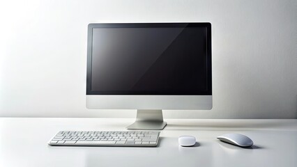 Fototapeta premium Modern computer desktop with sleek keyboard, mouse, and monitor situated on a clean, minimalist white background, evoking a sense of simplicity and technology.
