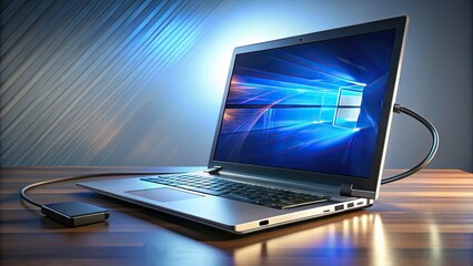 Modern computer laptop with open lid revealing illuminated screen connected to external monitor via DisplayPort cable, showcasing high-definition multiple screen setup for productivity.