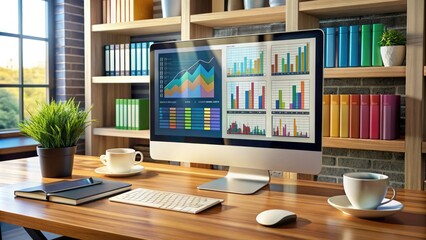 Fototapeta premium Modern computer screen displaying a complex database management system with colorful charts, graphs, and tables, surrounded by coding books and coffee cups.